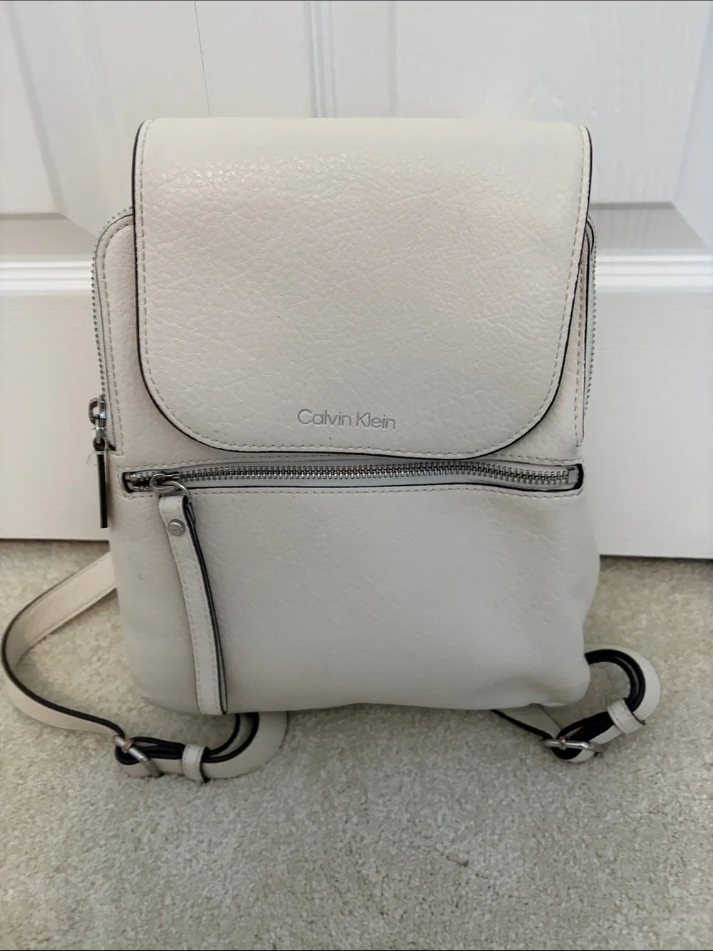 Calvin Klein Ivory Leather Mini Backpack with Silver Hardware